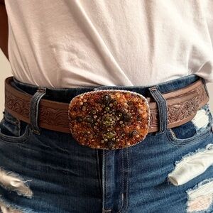 KRAZY COW Embellished Brown Leather Belt with Beaded Buckle